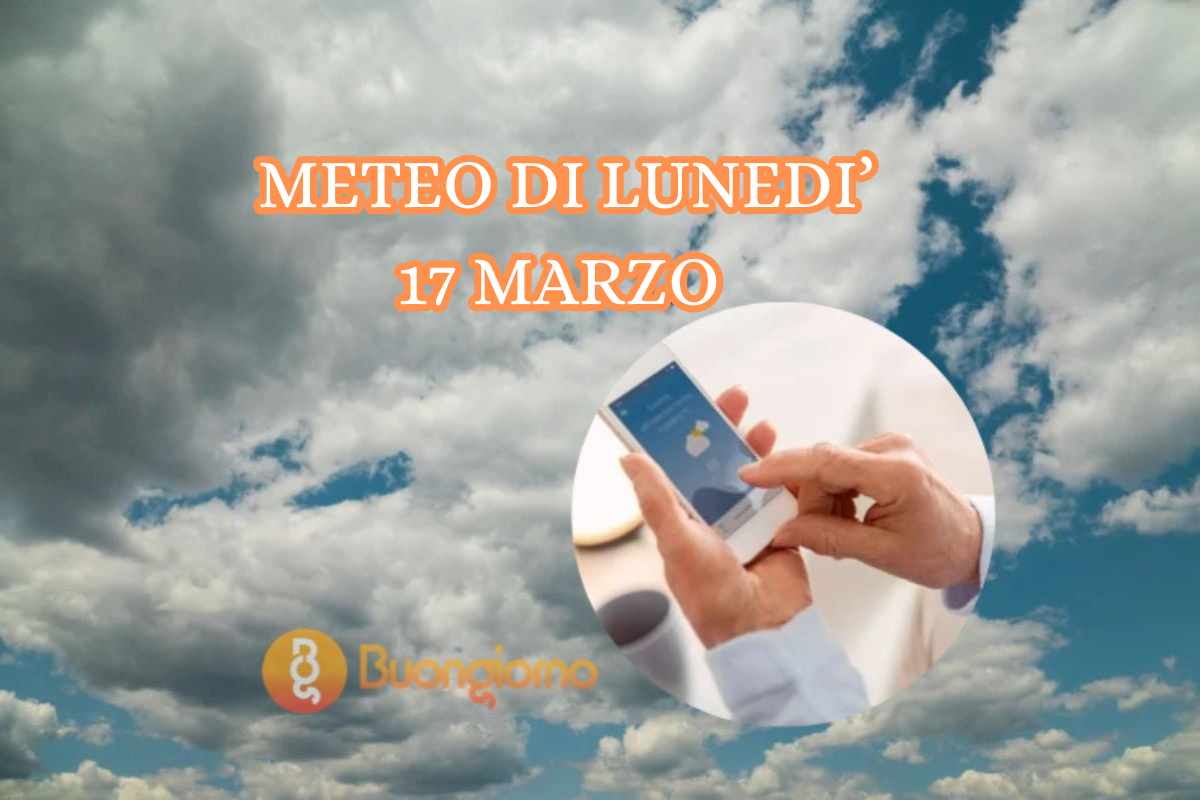 Cielo con nuvole e smartphone con previsioni