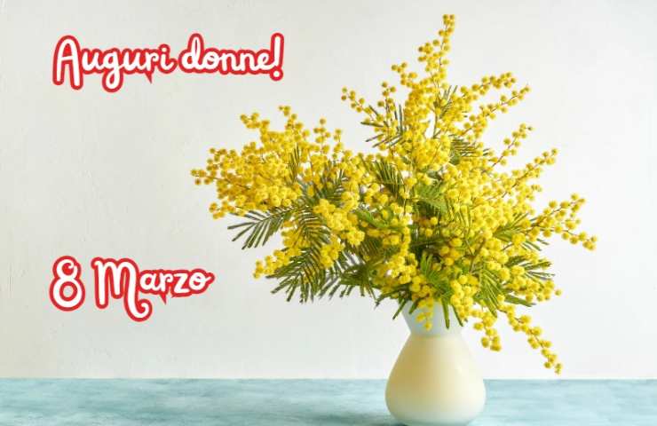 una scritta e un vaso con le mimose