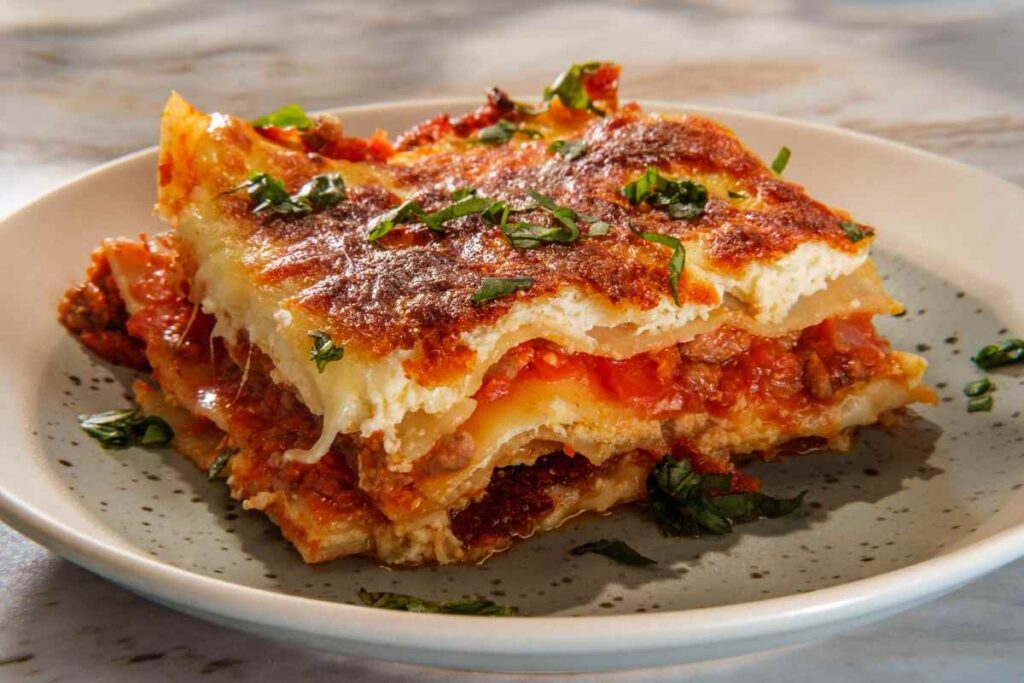 fetta di lasagna in piatto bianco