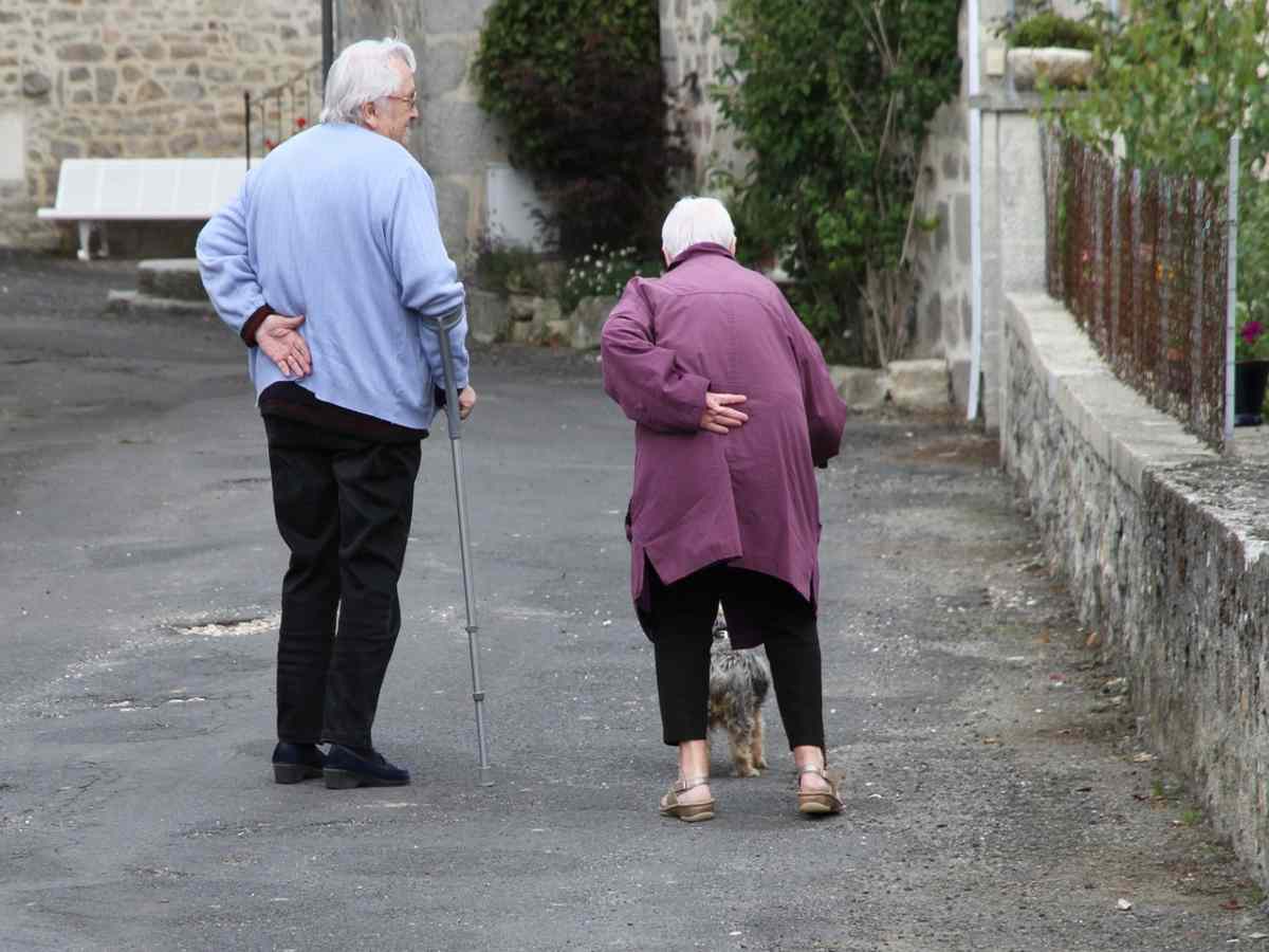 due persone anziane e gobbe che camminano con un cagnolino